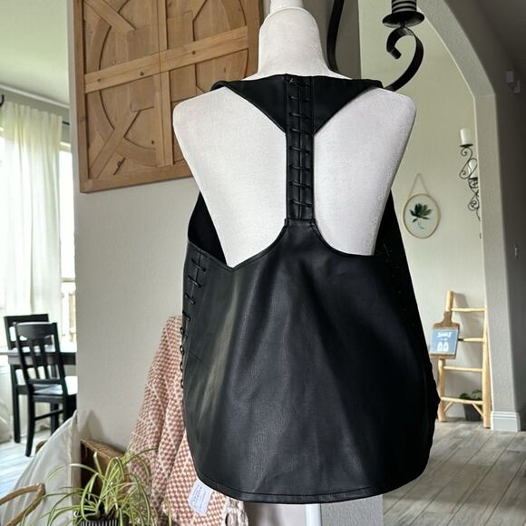 NWOT Free People Sleeveless Tank Flared Vegan Leather S Western Retro Black Chic - Picture 5 of 13